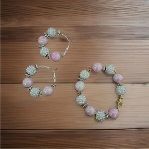 Jewelry Set Pink And Silver Beaded Earrings And Bracelet Set. Handmade.
